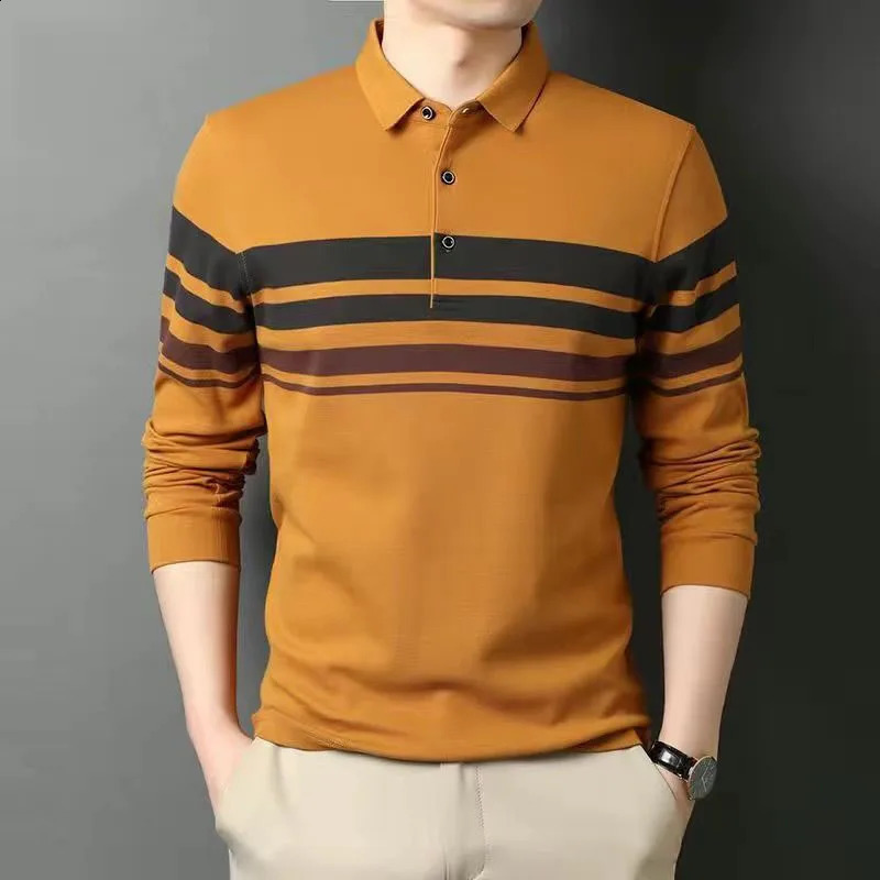 Cotton Men Fashion Striped Polo Shirts Spring Autumn Loose Clothing Lapel Pullover Tee Business Casual Long Sleeve Tops 240824