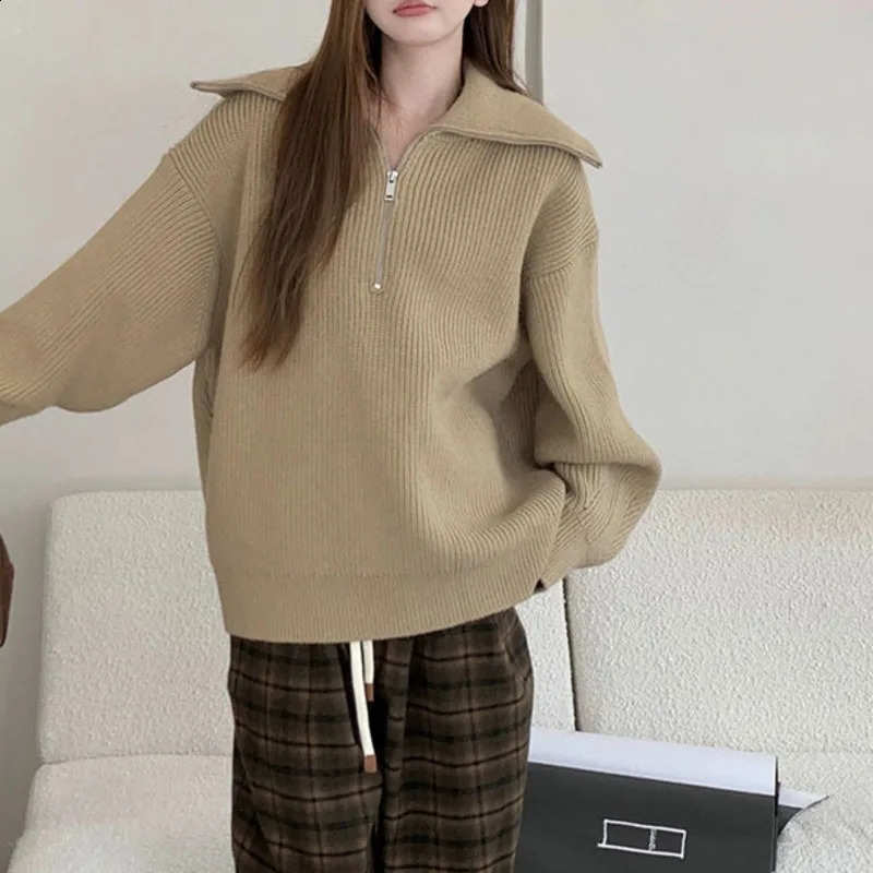 Female Knitwear Korean Style Chic Soft Solid Color Large Zipper Lapel Women Sweaters And Pullovers Fashion Knitwear CR187 240824