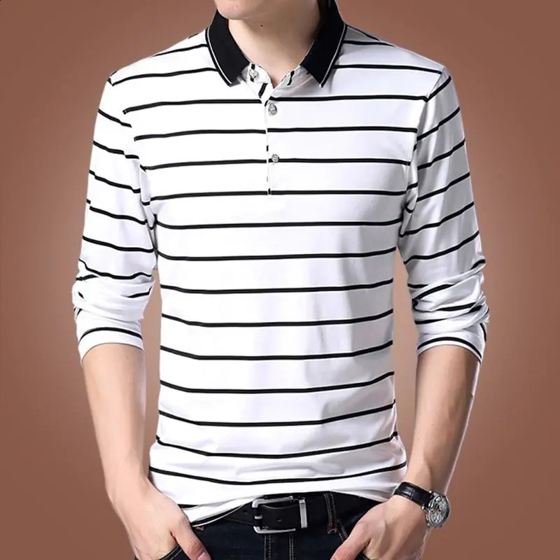 Korean High-end Pure Cotton Long Sleeved PoloT Shirt Slim Lapel Button Business Casual Black and White Striped High Elastic Top 240824