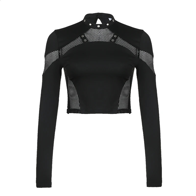 CIBBAR Gothic Black Crop Top Chic See Through Mesh Patchwork Full Sleeve Skinny Basic T-shirt Women Punk Style Stitched T Shirts 240824