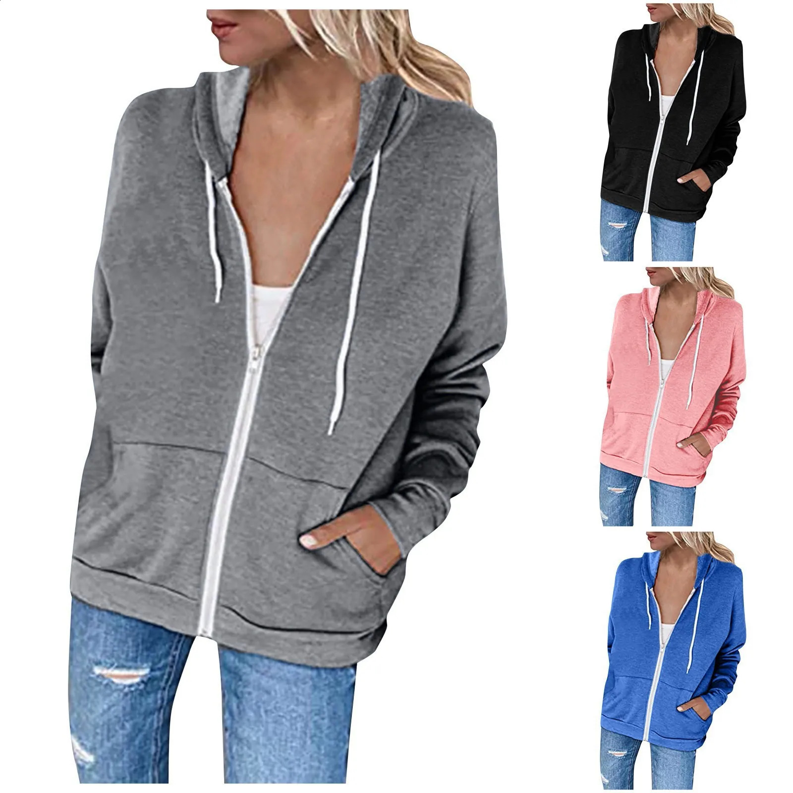 Womens Hoodie Fashion Casual Full Zip Hoodie Long Sleeve Hooded Sweatshirt Pocket Jacket 240824