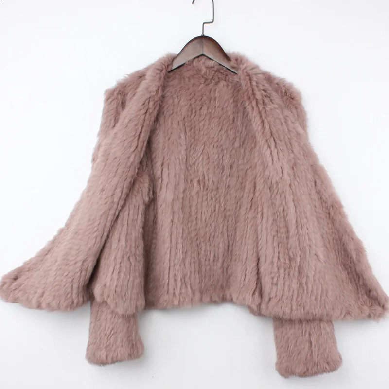 Real rabbit fur knitted open collar jacket natural handmade irregular coat 240824