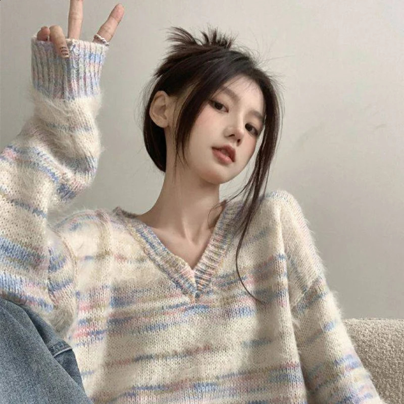 Fashion Rainbow Stripe V Neck Sweater Women Autumn Winter Loose Cropped Sweaters Woman Korean Style Long Sleeve Knitwear Female 240824