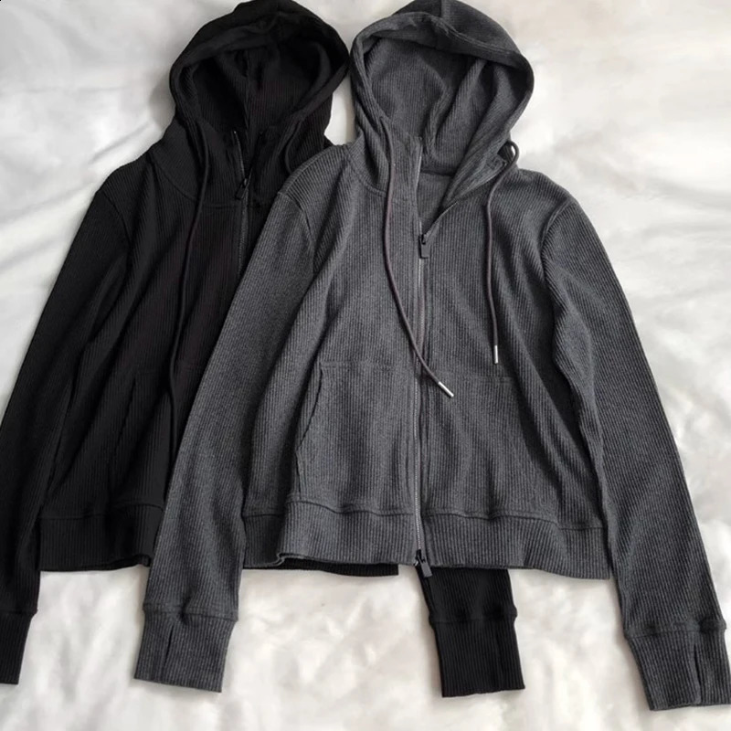 Double Zippered Dark Gray Hoodie Womens Spring Autumn Loose Short Cardigan Sweatshirt Korean Solid Long Sleeved Jacket 240824