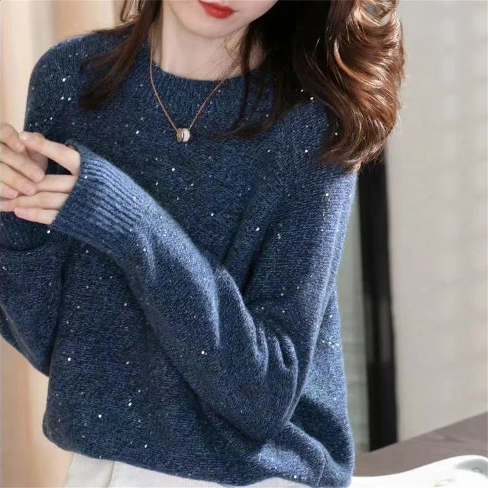 Korean Fashion sweater womens autumn winter solid color shiny wool Pullover Sequin bottomed sweaters Basic outerwear 240824
