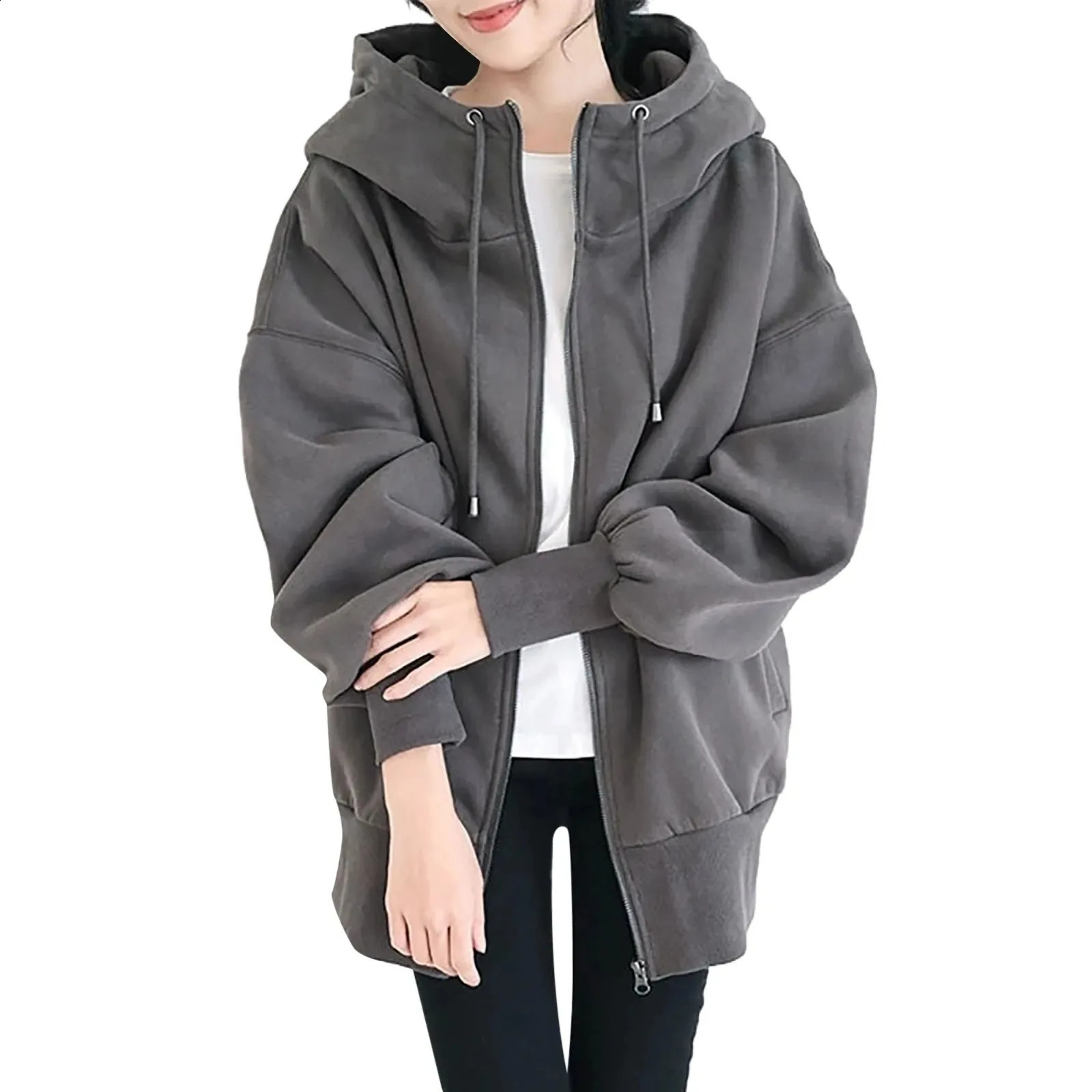 Oversized Loose Hoody Sweatshirts Casual Tie Collar Long Lantern Sleeve Solid Color Zip Up Hooded Coats Outwear JYFS-4451 240824