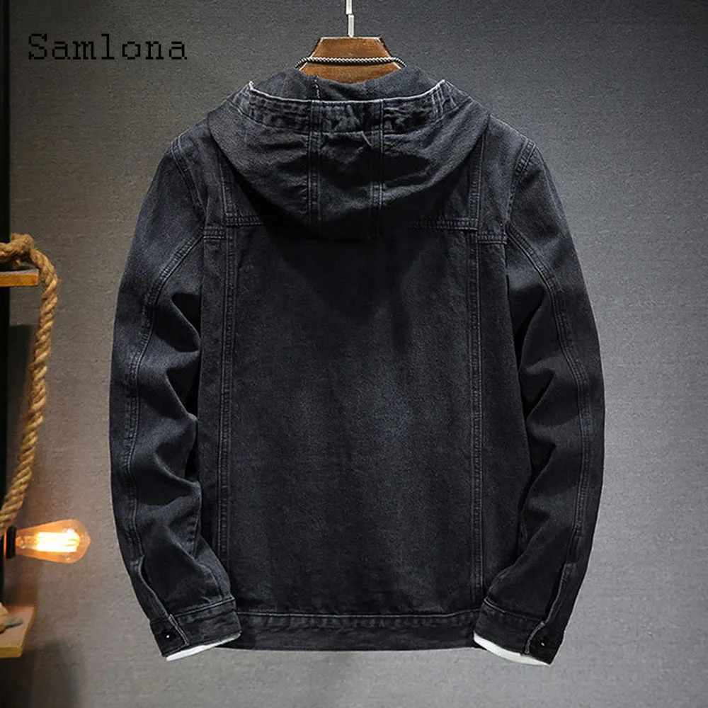 Plus Size 4xl 5xl Mens casual hooded denim jacket long sleeved multi pocket retro basic 240824