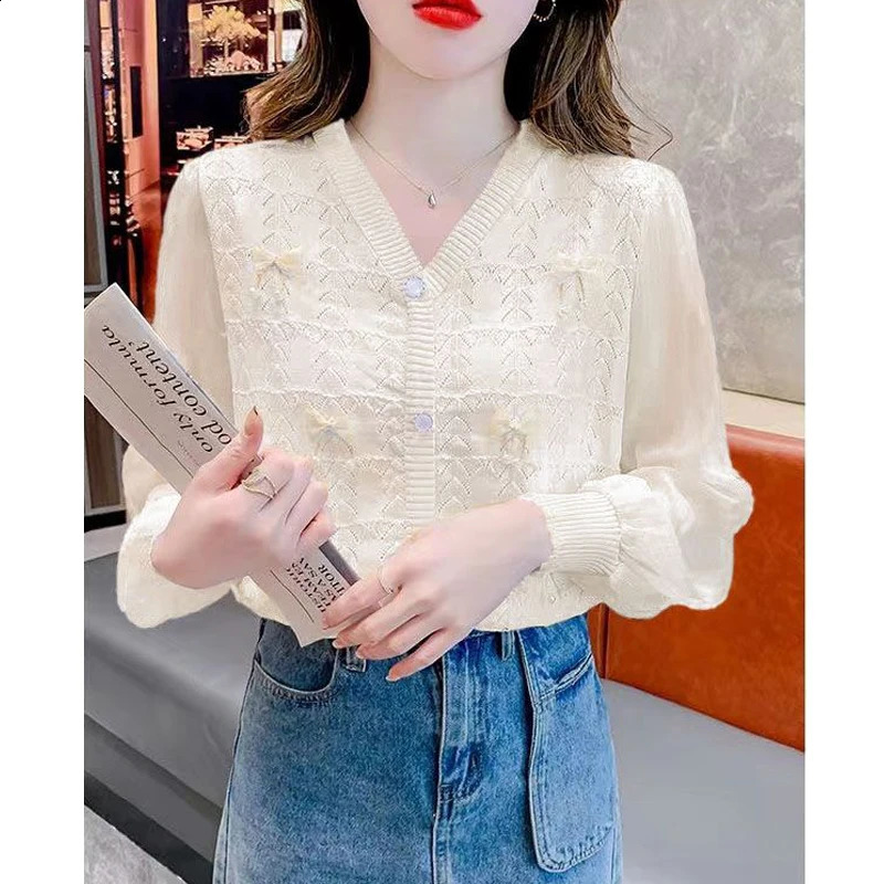 Women Clothing Spring Autumn Korean Fashion Bow Chic Sweet Patchwork Knitwears Female V Neck Long Sleeve Loose Pullover Tops 240824