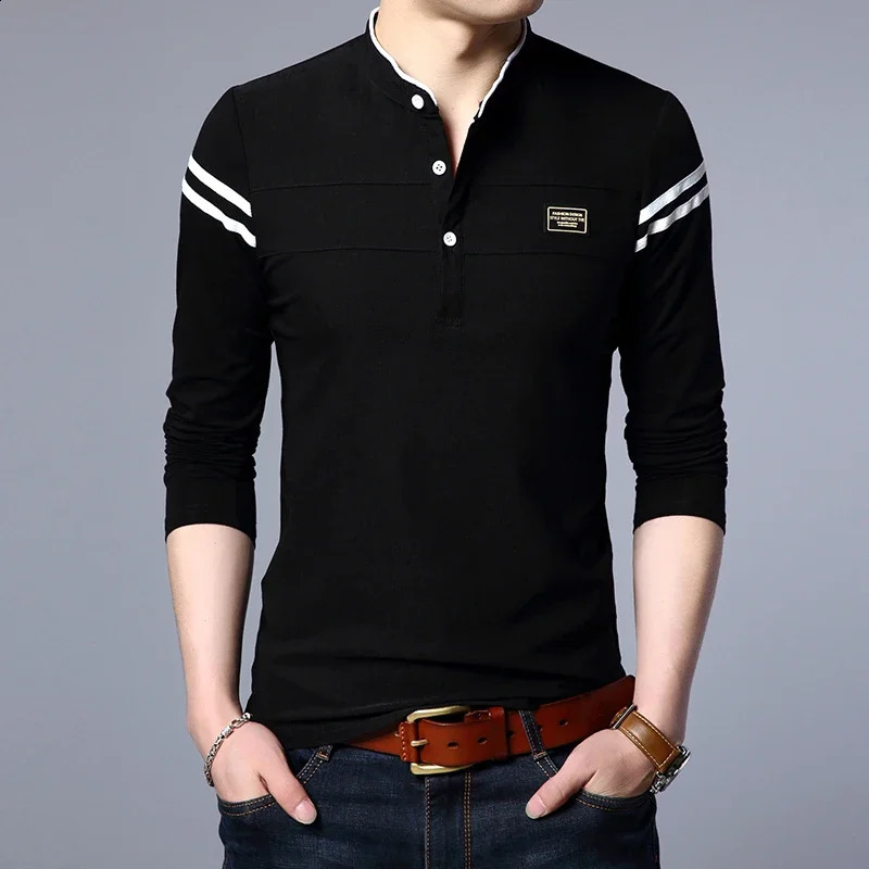 Mens Fashion Long sleeved POLO Shirt Casual Cotton Breathable Top Stand up Collar Korean Comfortable T-shirt Top 240824