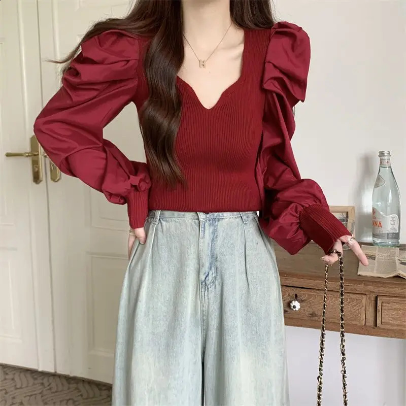 French Style Temperament V-neck Long Sleeved Knitted Sweater for Womens Spring Autumn Slim Fit Bubble Sleeve Base T-shirt Top 240824