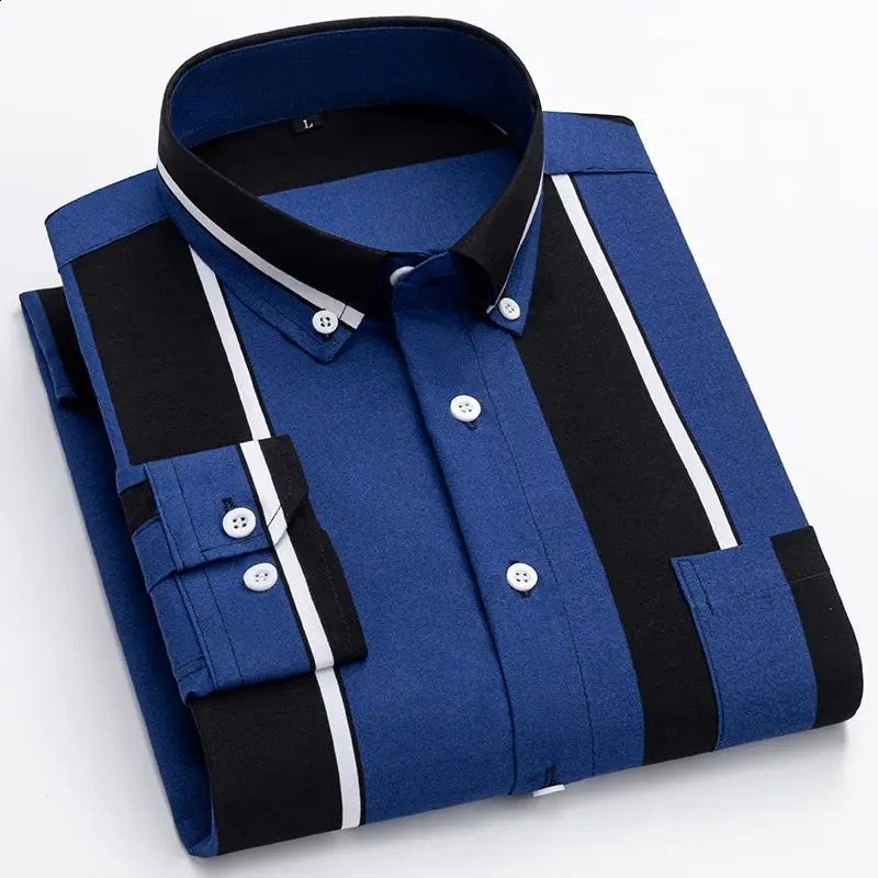 Spring Autumn Fashion Printing POLO Collar Long Sleeve Mens Clothin Shirts Korean Loose Striped Thin Style Pocket Blouse 240824