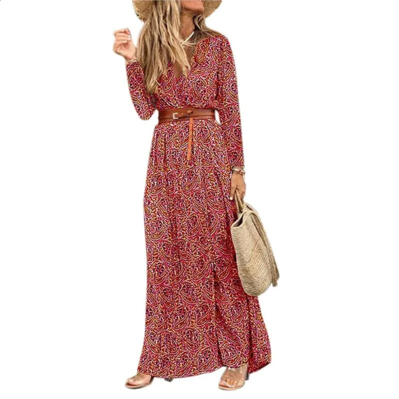 Autumn And Winter Long Sleeved V-neck Bohemian Floral Dress Womens Print With Belt OL Commuting Split Maxi Dress Femme 240824