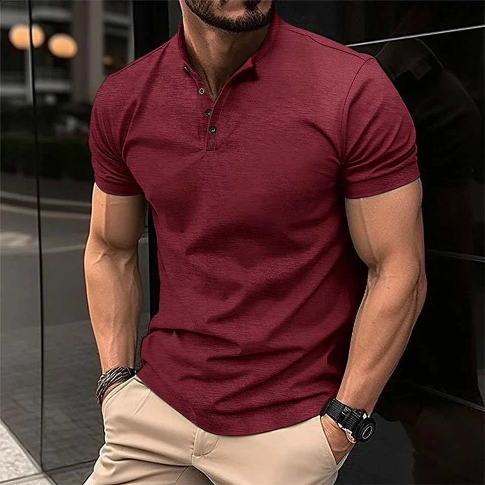 Mens POLO shirt button Henry collar short-sleeved pullover casual sports solid color stand collar trend T-shirt 240814
