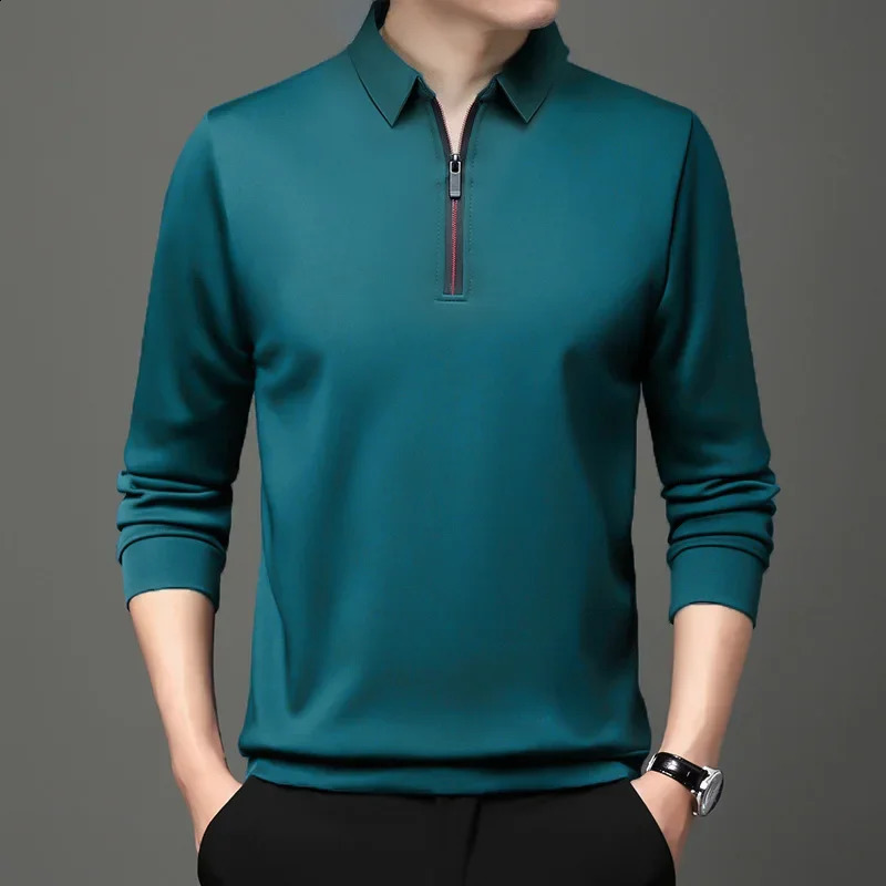 Solid Polo Shirt Lapel Long-sleeved Polo Zipper Collar Fashion Spring/Autumn Thin Shirts Casual Loose Tops Men Clothing 240824