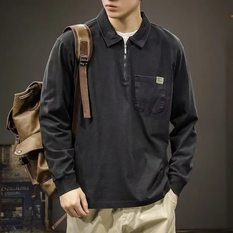 Trendy Preppy Style Color Block Long Sleeve Polo Shirt Men Embroidery Letter American Style Vintage Fit Half Zip Sweatshirt 240824