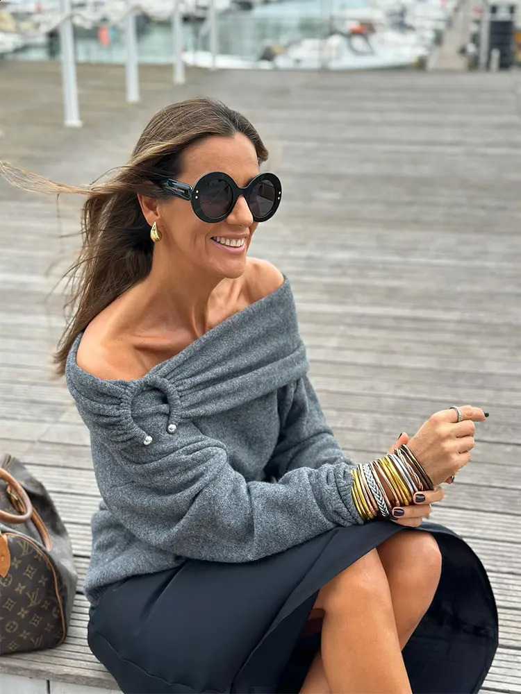 Elegant Slash Neck Off Shoulder Women Knitt Sweater Fashion Simple Long Sleeve Pullovers Autumn Winter Streetwear Lady Sweater 240824