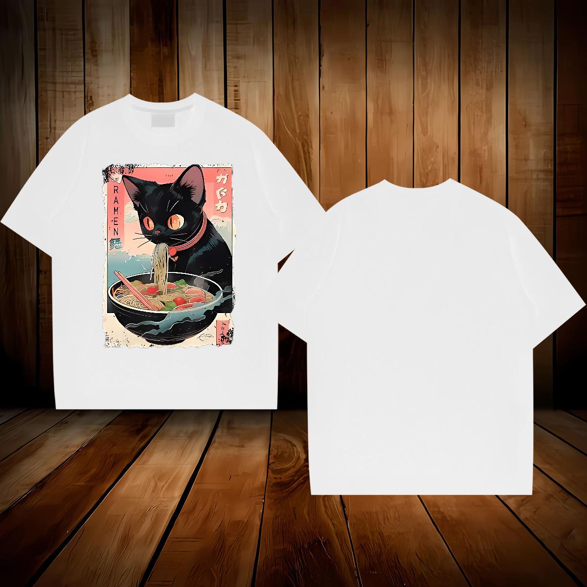 Brand Men Clothes T-Shirt The cat eats ramen noodles Spring Summer 230g 100% Cotton Tshirts Breathable Soft Wholesale T shirt DIY Printed