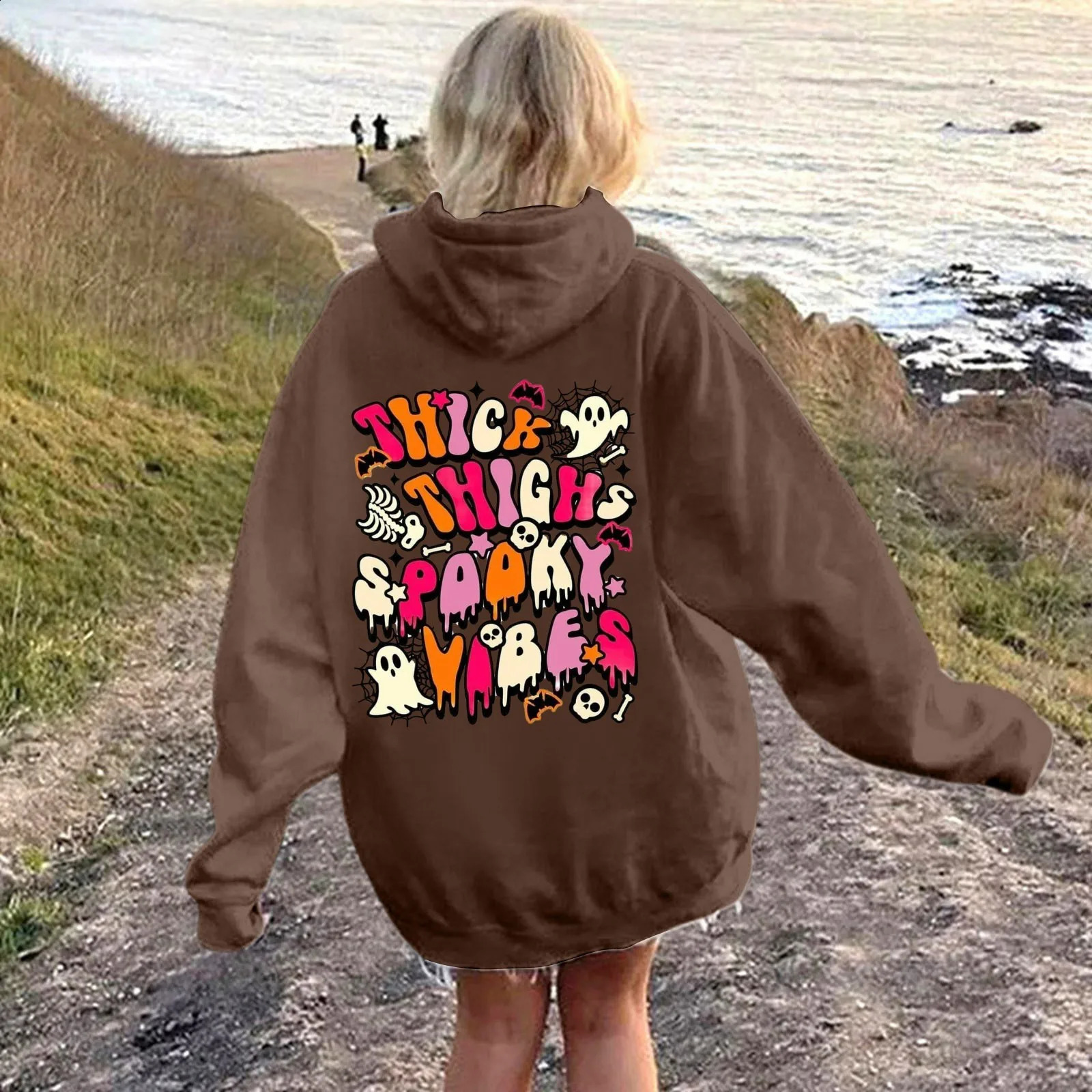 WomenS Halloween Hoodie Multi-Element Printed Pullover Round Neck Long Sleeve Drawstring Hoodie Trend All Match Casual Hoodie 240824