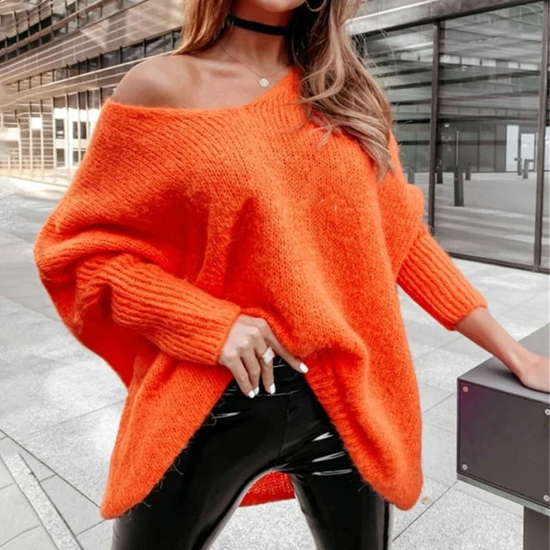 Sexy V Neck Off Shoulder WomenS Sweaters Solid Fashion Long Sleeve Mini Pullover Tops Casual Loose Twist Knitted Sweater 240824