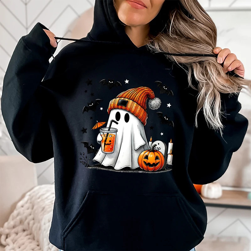 Halloween Ghost Pumpkin Bat Hoodies For Women Fashion Hooded Pullover Teens Casual Long Sleeves Halloween Sweatshirts 240824