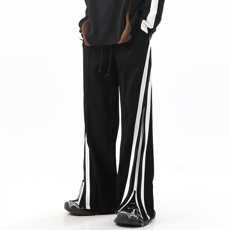 American High Street Double Zipper Striped Hanging Wide Leg Pants for Men Spring Casual Sports Pants Design Pants