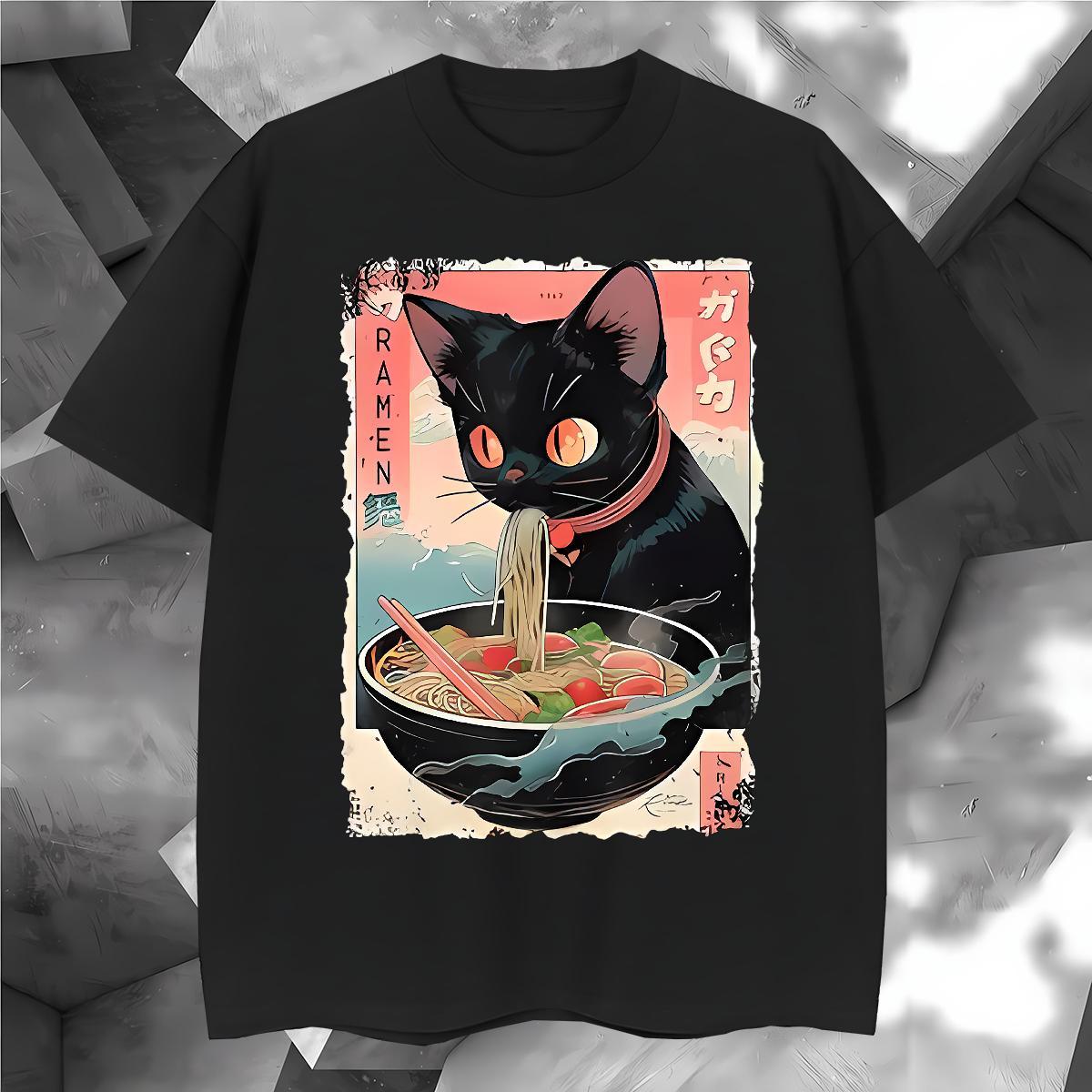 New Arrival Men Tops Tees The cat eats ramen noodles Street Wear 230g Pure Cotton Tee Shirt Short Sleeve Soft Classic T-Shirts White Plus Size