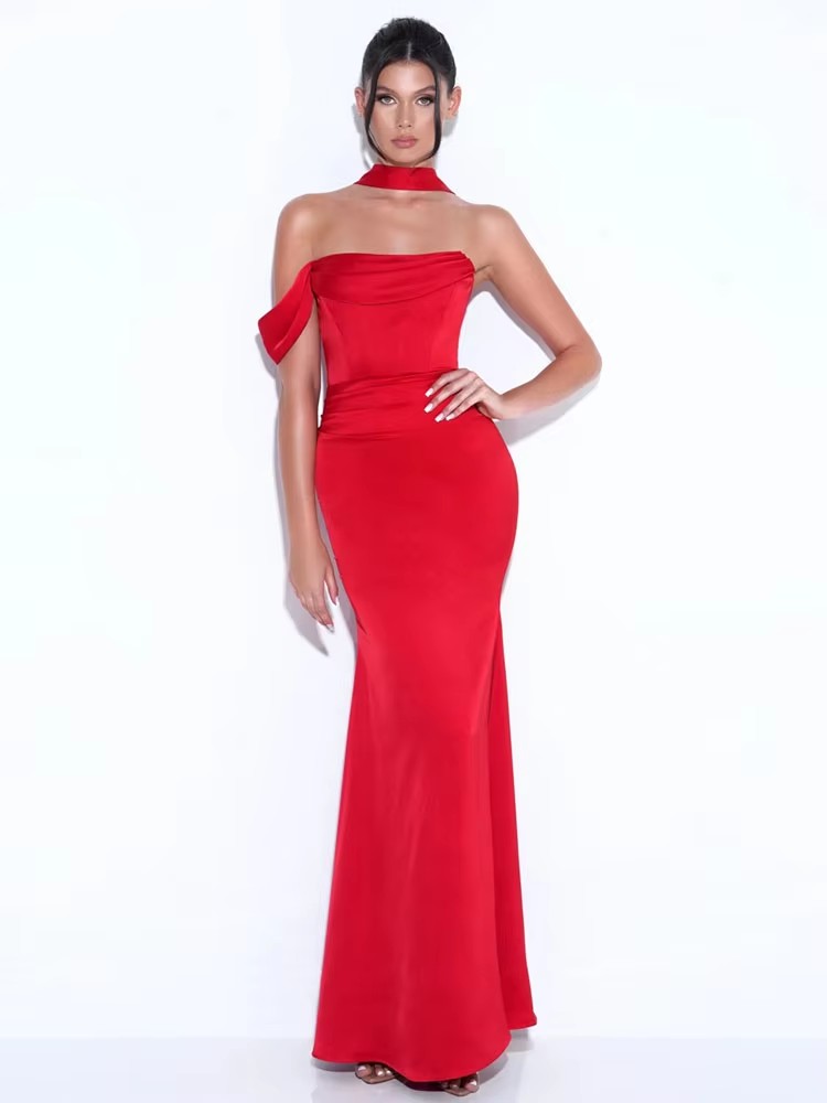 Summer Women's Prom Dresses Round Neck Sleeveless Sling Slanted Shoulder Dress Tight Sexy Backless Red Dress
