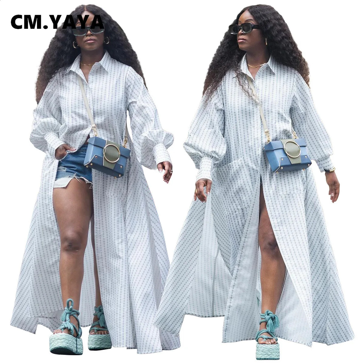 CM.YAYA retro plus size womens single chest long sleeved shirt dress autumn street fashion long skirt vest 240824