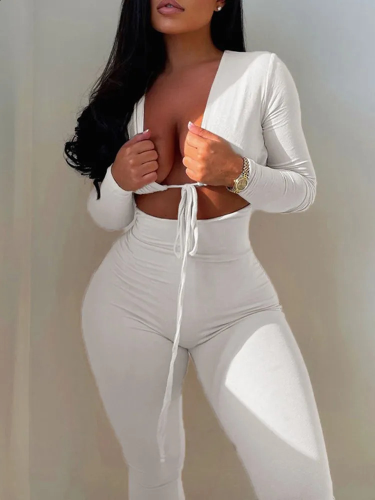 Kliou Solid Jumpsuit Drawstring Cleavage Waist Out Overall Sexy BodyShaping Hipster Midnight Club Female Clothing 240823