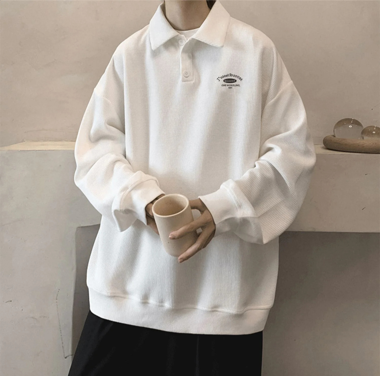 American Retro Pullover Collared Sweatshirt Men Spring Autumn Loose Fitting Ins Trendy Gray Minimalist Long Sleeved Polo Shirt 240824