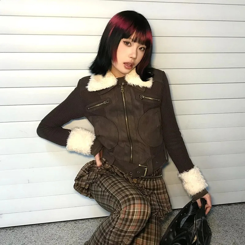 Karrram Japanese Y2k Fur Coat Womens Retro Brown Knitted Jacket Korean Zipper Winter 2000s Aesthetics 240824
