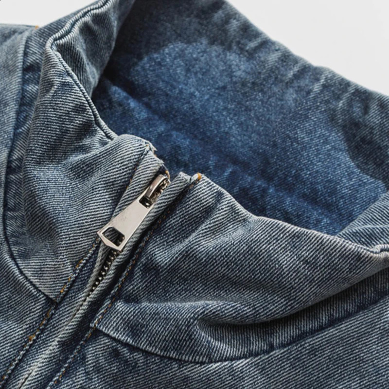 Japanese style semi zip clothing washing mens retro denim jacket rack collar loose fit drawstring jeans bottom 240824
