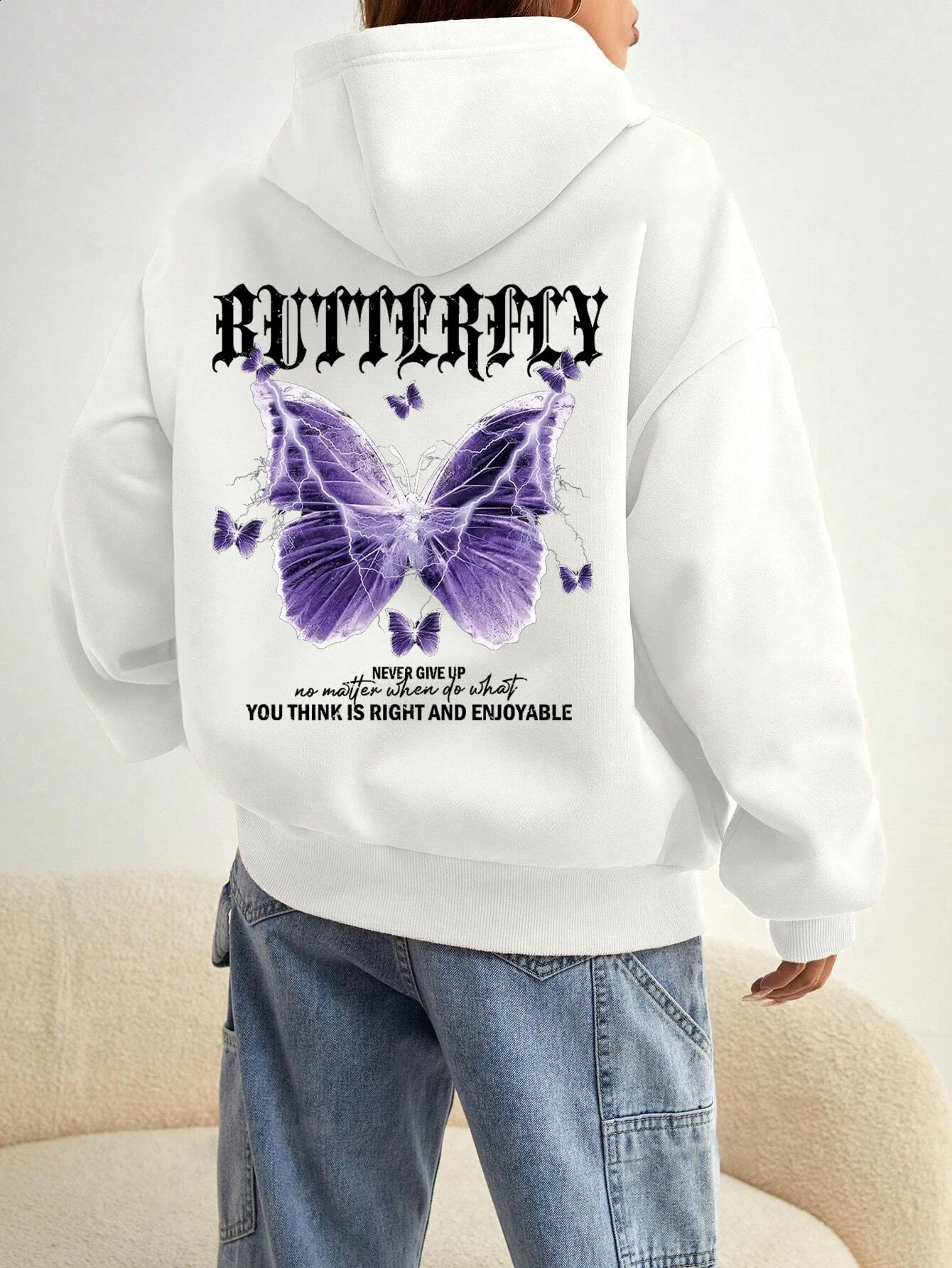 Rose Butterfly Impossible Letter Graphic Print Women Sweatshirt Fashion Warm Hooded Loose Casual Hoodies Fleece Soft Clothing 240824