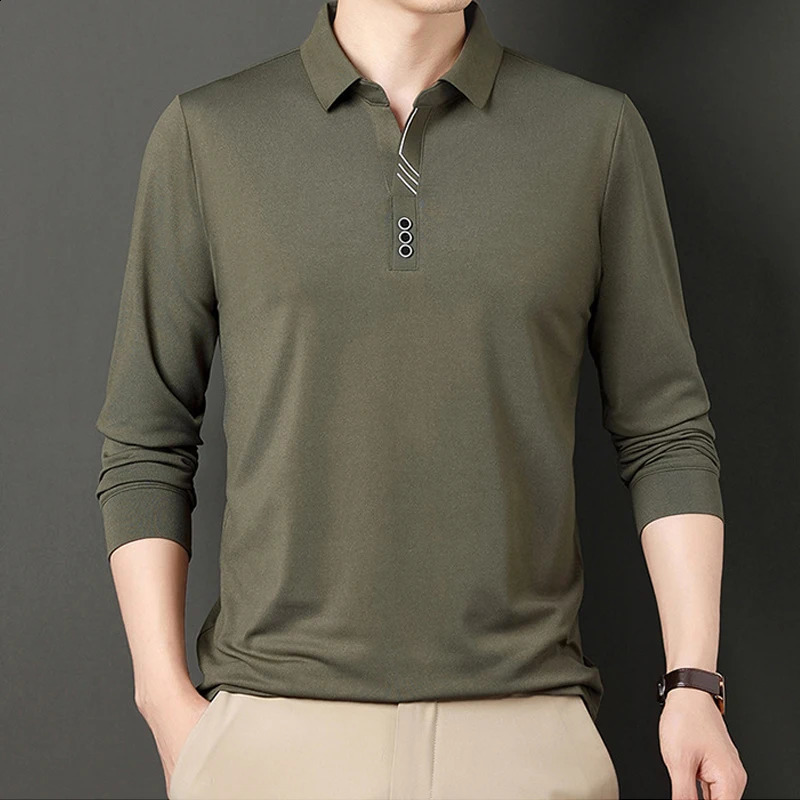 Spring Autumn Korean Fashion Polo Shirt for Men Business Casual Long Sleeve Button Tee Shirts Solid Slim Tops Ropa Hombre 240824