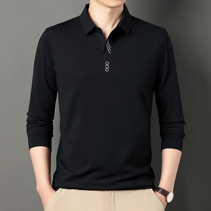 Spring Autumn Korean Fashion Polo Shirt for Men Business Casual Long Sleeve Button Tee Shirts Solid Slim Tops Ropa Hombre 240824