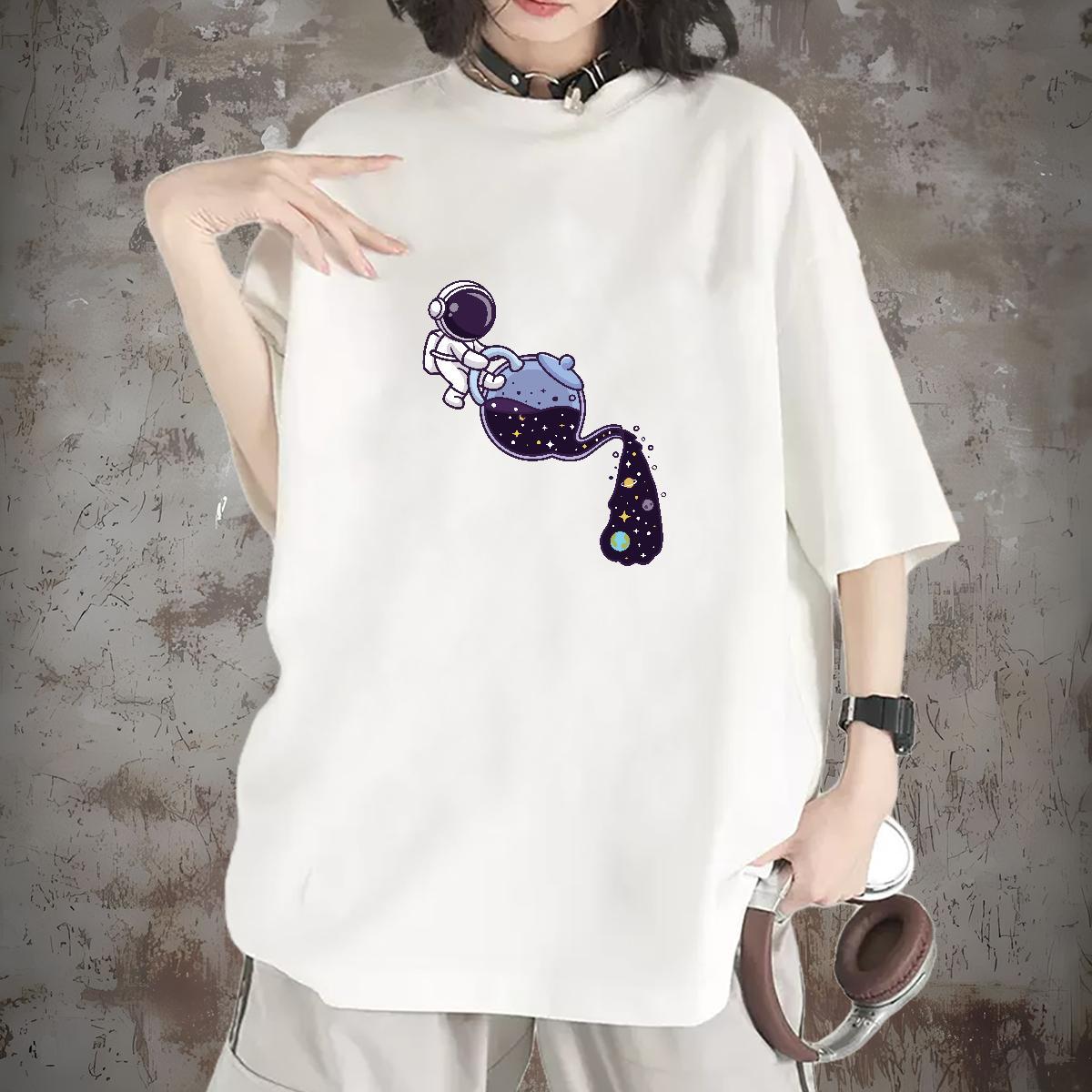 Nice Womens Tshirts 230g Cotton universe Sport T shirt Breathable Crew Neck Cartoon Printing L-4XL Top Shirts