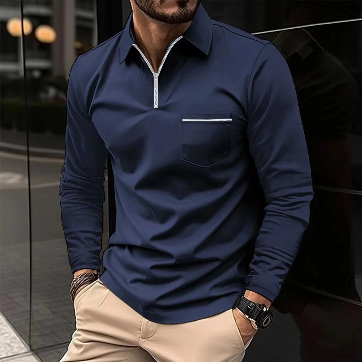 Spring Autumn Mens Daily Casual Simple Style Solid Color Zipper Splicing Pocket Breathable Slim Long-Sleeved Lapel Polo Shirt 240824