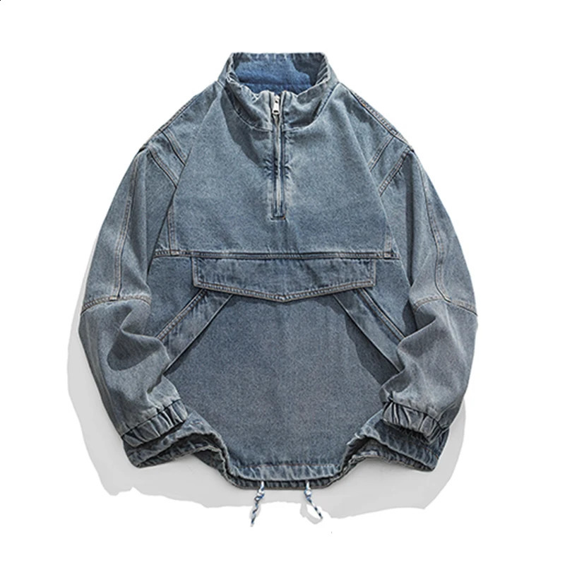 Japanese style semi zip clothing washing mens retro denim jacket rack collar loose fit drawstring jeans bottom 240824