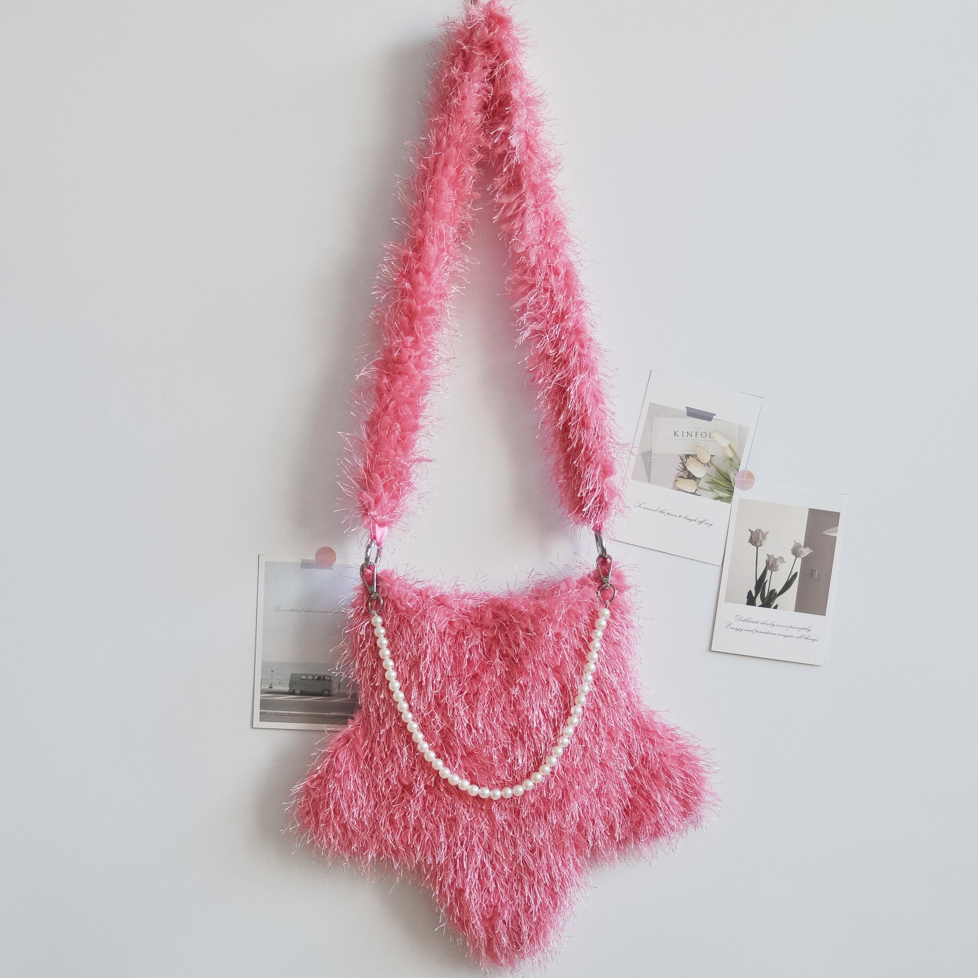 Plush bag women's tassel kapok flower cute pentagonal star pearl chain shoulder bag