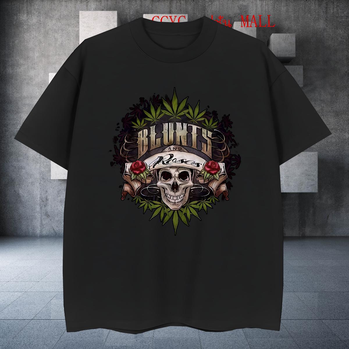 Loose Men T Shirts 100% Cotton 230g skull Sports Casual Floral Print Crew Neck Breathable Men Tops Tees Classic Casual Clothings
