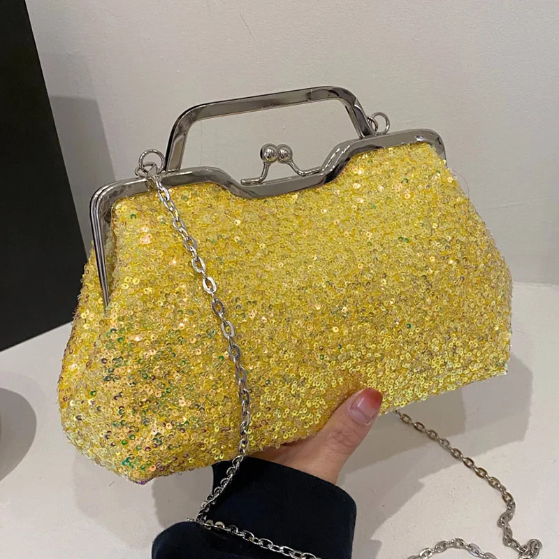 Small Tote Shell Clip Crossbody Bags Prom Clutch Women Sequin Bling Mental Handle Handbags Chain Shoulder 240824