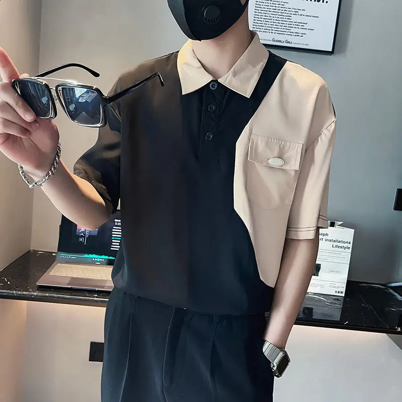 Summer Thin Fashion Short Sleeve Lapel Mens Trend Korean Version Casual All-match Contrasting Colors Spliced Pocket POLO Shirt 240824