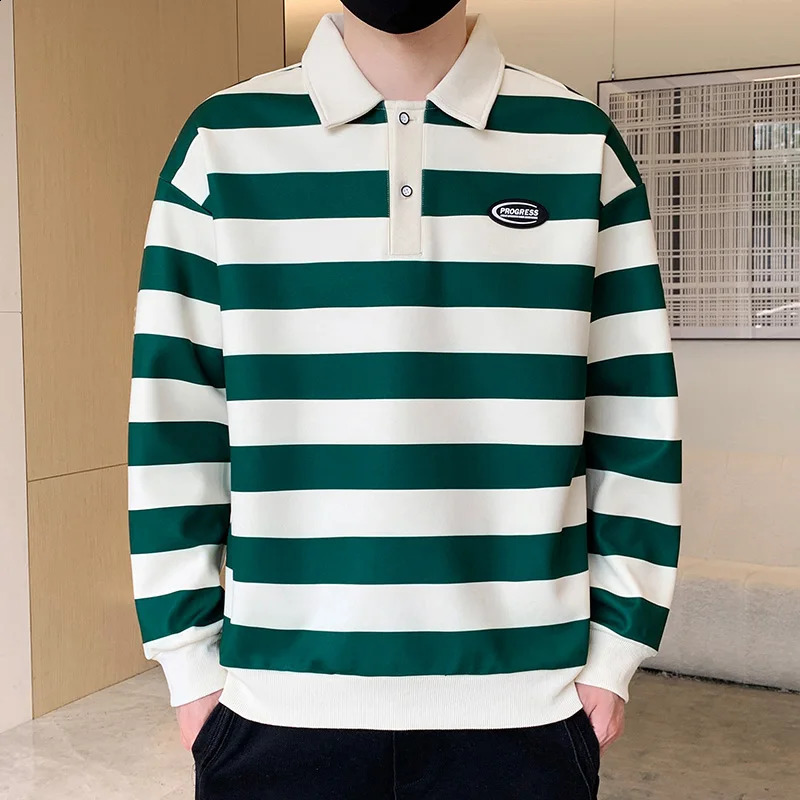 Commute Basic Striped T-shirts Spring Autumn Polo-Neck Button Mens Clothing Long Sleeve Korean Patch ns Loose Polo Shirts 240824