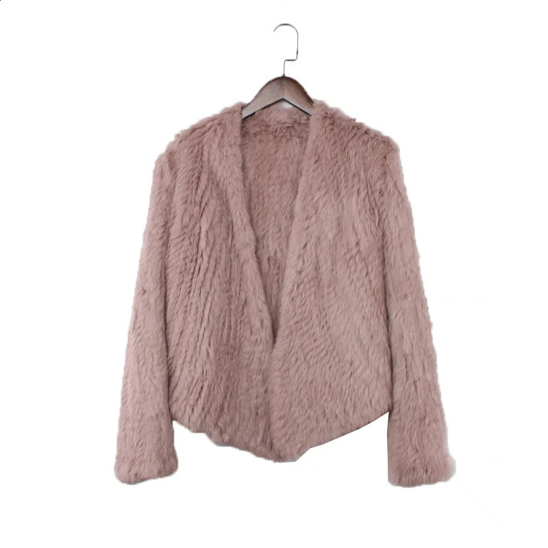 Real rabbit fur knitted open collar jacket natural handmade irregular coat 240824