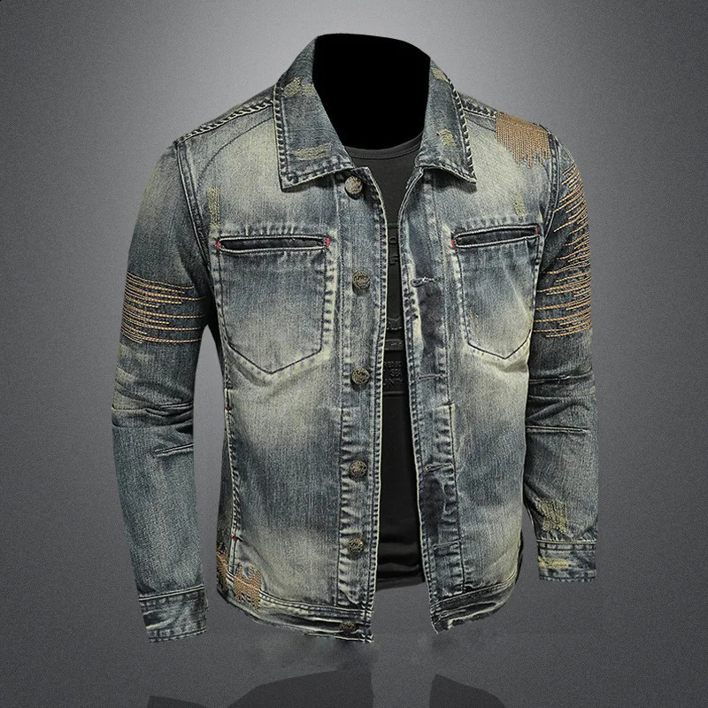 Mens autumn vintage collar denim jacket ultrathin suitable for largesized motorcycle jackets outerwear 240824