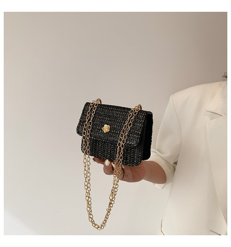 Straw woven bag woven bag lid type sewing thread shoulder bag chain small square bag