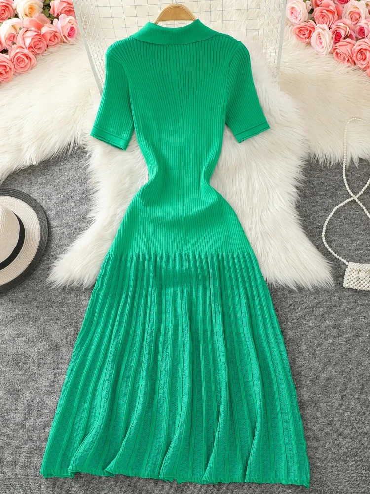 Summer Womens Black Rice Single Chest Knitted Long Skirt Green Elegant Office Short Sleeve Folded Dress Fashion 240824