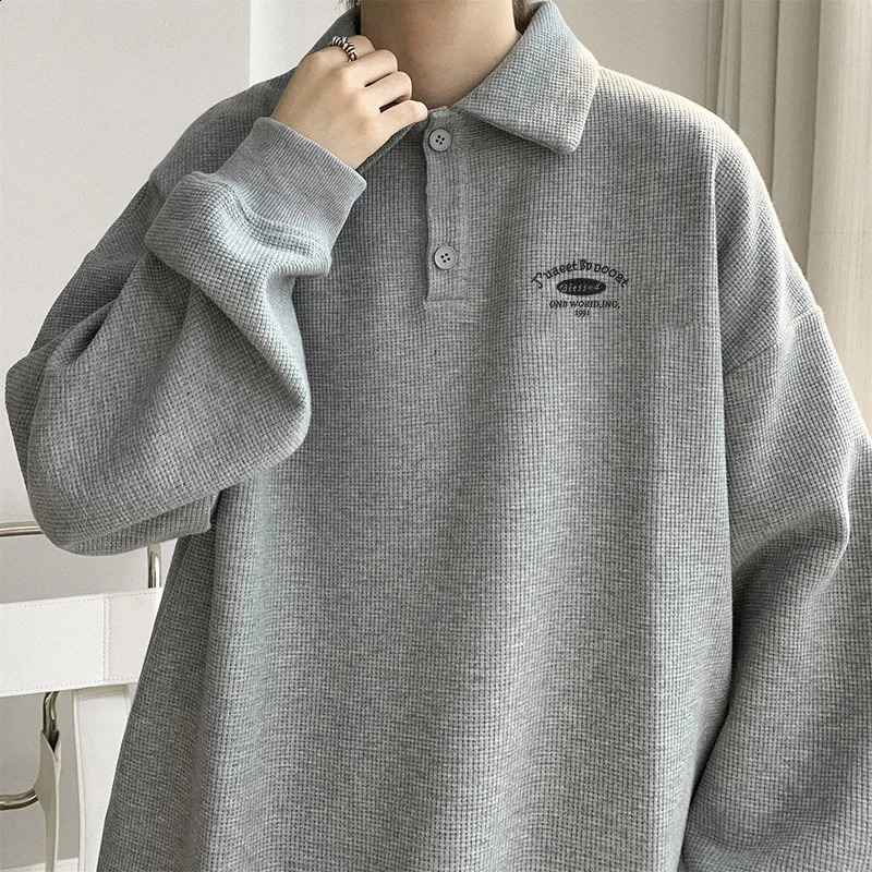 Long Sleeved Polo Shirt American Retro Pullover Collared Sweatshirt Gray Minimalist Men Spring Autumn Loose Fitting Clothing 240824