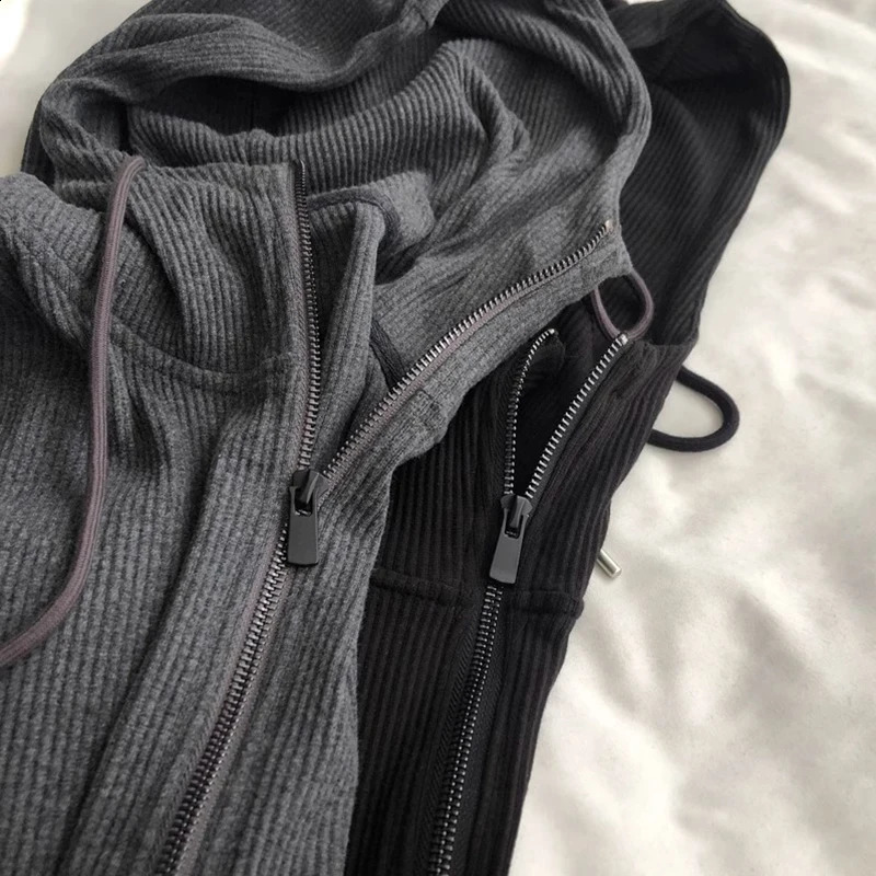 Double Zippered Dark Gray Hoodie Womens Spring Autumn Loose Short Cardigan Sweatshirt Korean Solid Long Sleeved Jacket 240824
