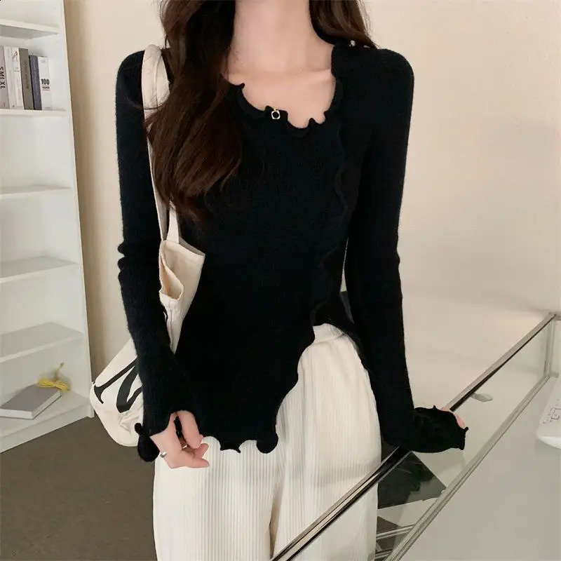 Womens Spring and Autumn Fashion Trend Knitted Shirt Pure Desire Sweater Base Shirt 240824